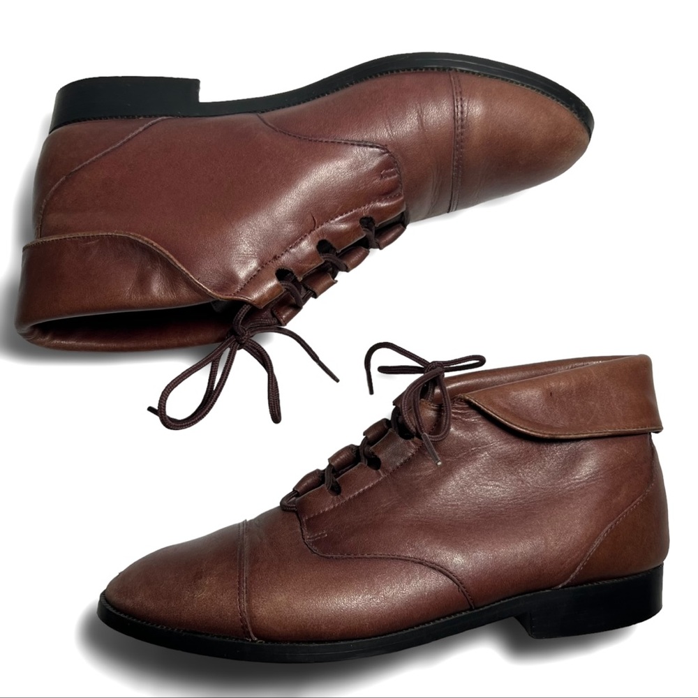 SOLD Brown Leather Lace Up Peter Pan Folded Edge Ankle Boot Primo Royale 90s VTG